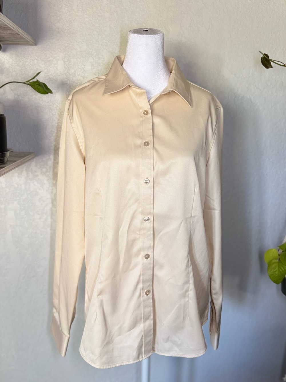 Women's Cream Button-Down Shirt - Classic Collared Long Sleeve